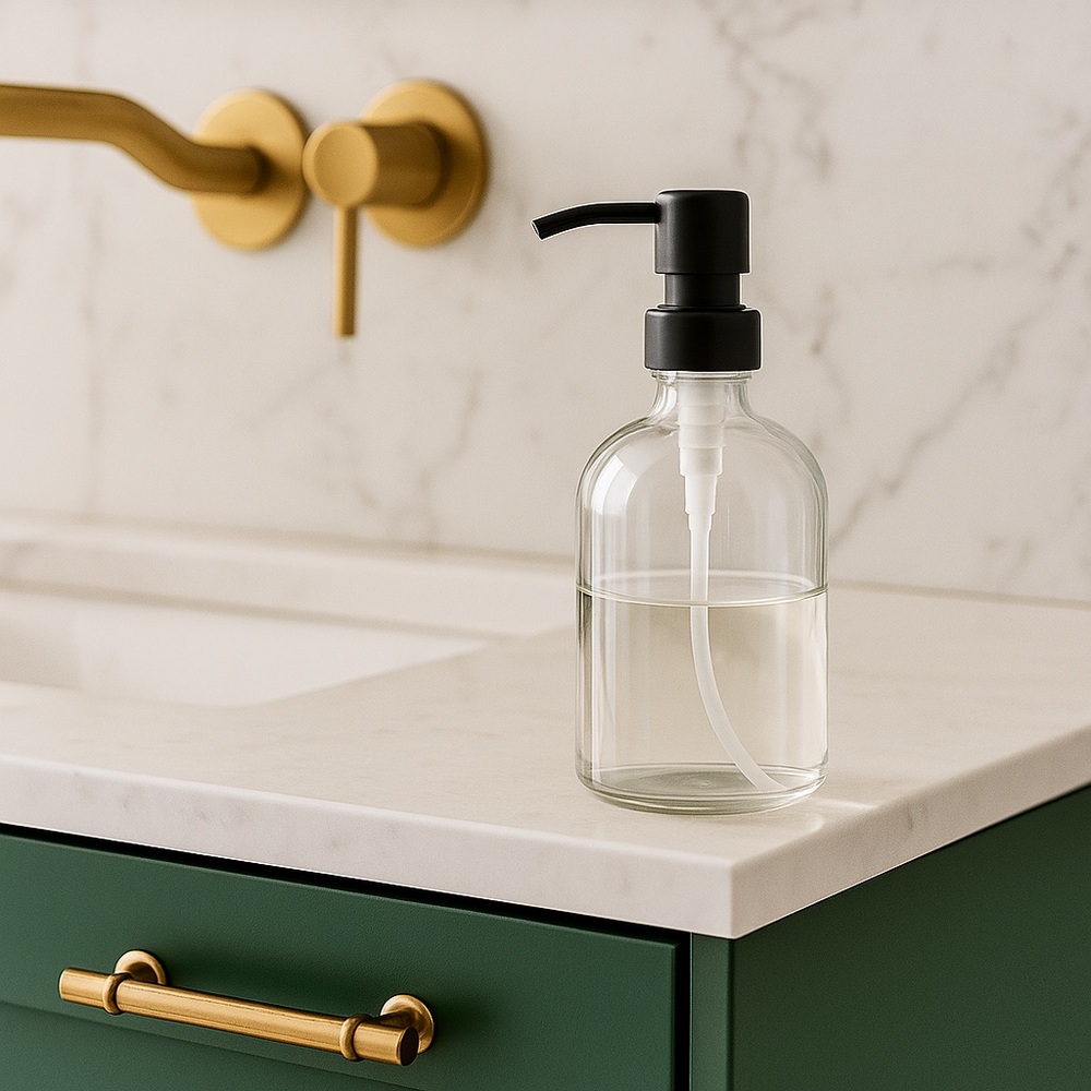 16 OZ. GLASS SOAP DISPENSER W/ METAL PUMP (CLEAR GLASS/BLACK PUMP)